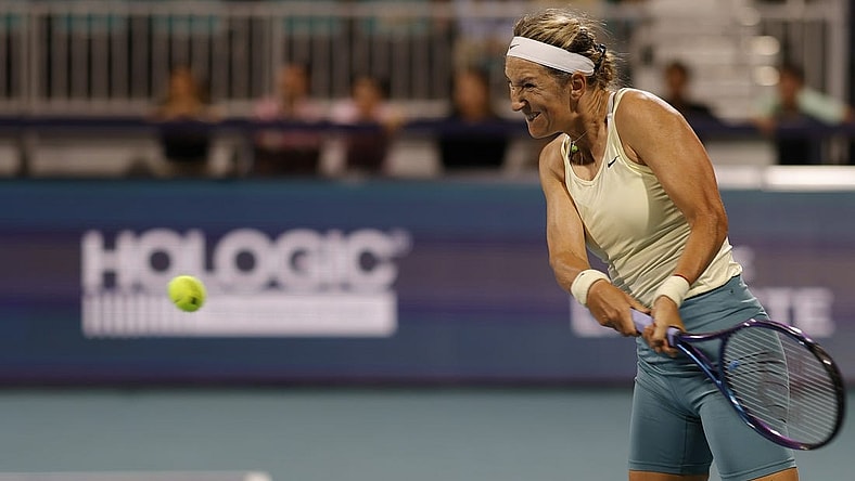 Mar 23, 2023; Miami, Florida, US; Victoria Azarenka hits a backhand against Camila Giorgi (ITA) (not pictured) on day four of the Miami Open at Hard Rock Stadium. Mandatory Credit: Geoff Burke-USA TODAY Sports