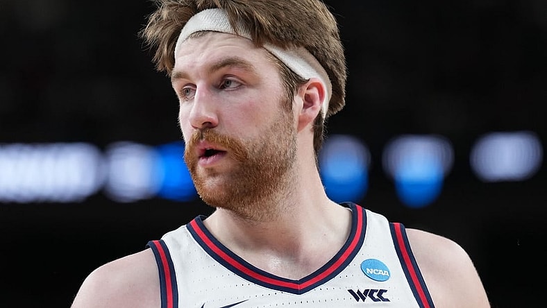 Mar 25, 2023; Las Vegas, NV, USA; Gonzaga Bulldogs forward Drew Timme (2) during the first half against the Connecticut Huskies for the NCAA tournament West Regional final at T-Mobile Arena. Mandatory Credit: Joe Camporeale-USA TODAY Sports