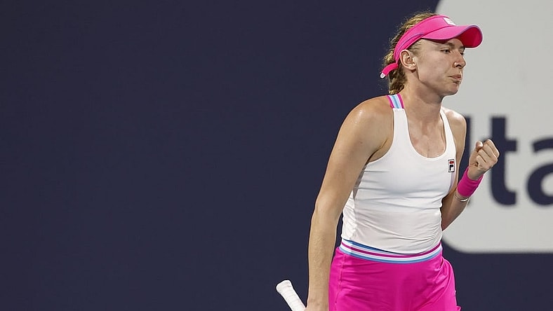 Mar 27, 2023; Miami, Florida, US; Ekaterina Alexandrova reacts after winning a first set tiebreaker against Bianca Andreescu (CAN) (not pictured) on day eight of the Miami Open at Hard Rock Stadium. Mandatory Credit: Geoff Burke-USA TODAY Sports