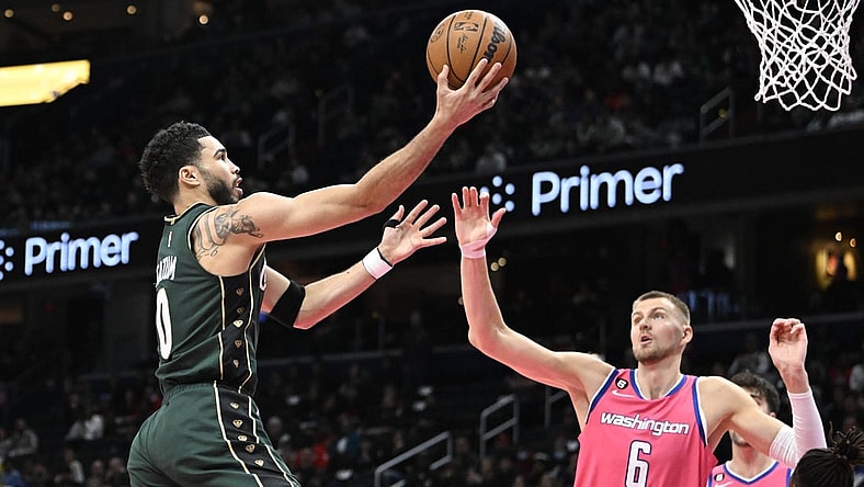Wizards center Kristaps Porzingis (6) is rumored to be on his way to the Celtics in a three-team trade. Mandatory Credit: Brad Mills-USA TODAY Sports