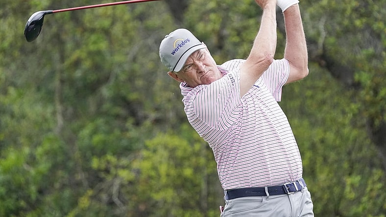 Mar 30, 2023; San Antonio, Texas, USA; Davis Love III plays his shot from the first tee during the first round of the Valero Texas Open golf tournament. Mandatory Credit: Raymond Carlin III-USA TODAY Sports