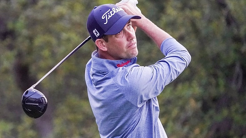 Mar 31, 2023; San Antonio, Texas, USA; Chesson Hadley plays his shot from the first tee during the weather delayed conclusion of the first round of the Valero Texas Open golf tournament. Mandatory Credit: Raymond Carlin III-USA TODAY Sports