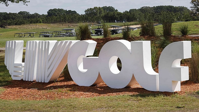 Mar 31, 2023; Orlando, Florida, USA; The LIV logo on display at the entrance before the first round of a LIV Golf event at Orange County National. Mandatory Credit: Reinhold Matay-USA TODAY Sports