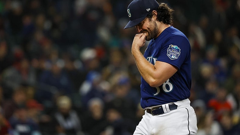 Mar 31, 2023; Seattle, Washington, USA; Seattle Mariners starting pitcher Robbie Ray (38) walks to the dugout during a fourth inning pitching change against the Cleveland Guardians at T-Mobile Park. Mandatory Credit: Joe Nicholson-USA TODAY Sports