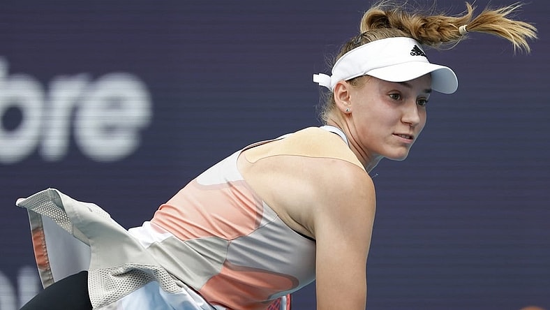 Apr 1, 2023; Miami, Florida, US; Elena Rybakina (KAZ) serves against Petra Kvitova (CZE) (not pictured) in the women's singles final on day thirteen of the Miami Open at Hard Rock Stadium. Mandatory Credit: Geoff Burke-USA TODAY Sports