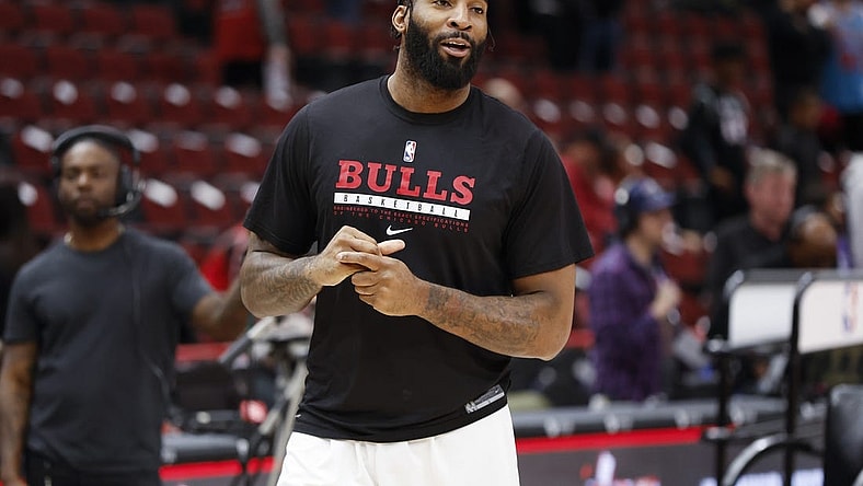Apr 2, 2023; Chicago, Illinois, USA; Chicago Bulls center Andre Drummond (3) smiles as he warms up before an NBA game against the Memphis Grizzlies at United Center. Mandatory Credit: Kamil Krzaczynski-USA TODAY Sports