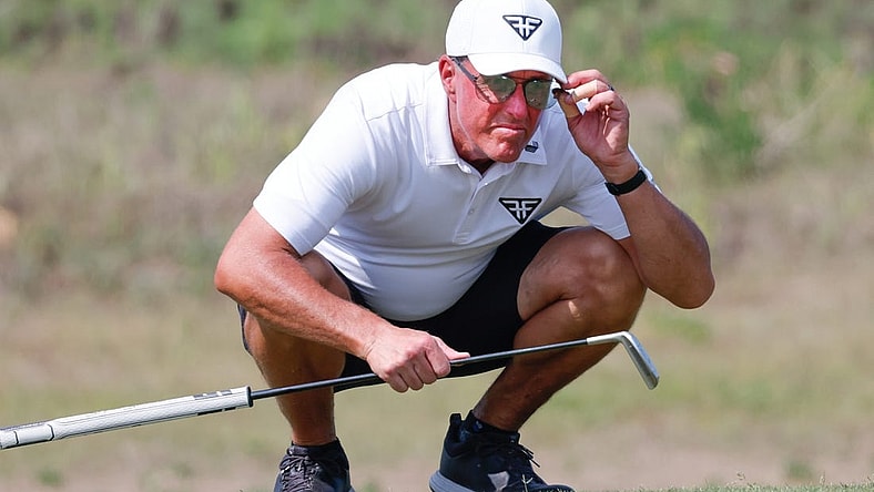 Apr 2, 2023; Orlando, Florida, USA; Phil Mickelson of the HyFlyers on the fifth green during the final round of a LIV Golf event at Orange County National. Mandatory Credit: Reinhold Matay-USA TODAY Sports