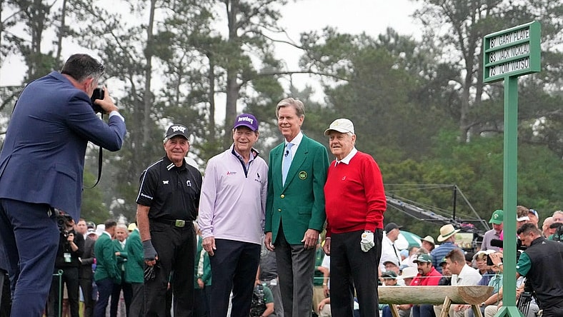 Apr 6, 2023; Augusta, Georgia, USA; Honorary starters Gary Player (left) and Tom Watson (center) and Jack Nicklaus (right) pose for a photo with Augusta National Golf Club chairman Fred Ridley before the first round of The Masters golf tournament. Mandatory Credit: Kyle Terada-USA TODAY Network