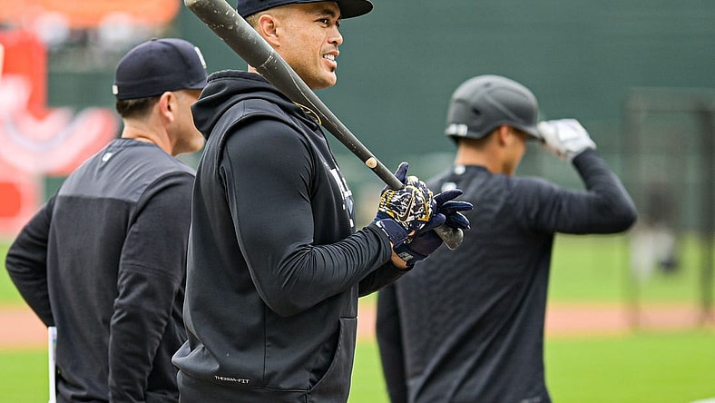 Apr 7, 2023; Baltimore, Maryland, USA;  New York Yankees designated hitter Giancarlo Stanton (27) stands on the field before the game against the Baltimore Orioles at Oriole Park at Camden Yards. Mandatory Credit: Tommy Gilligan-USA TODAY Sports