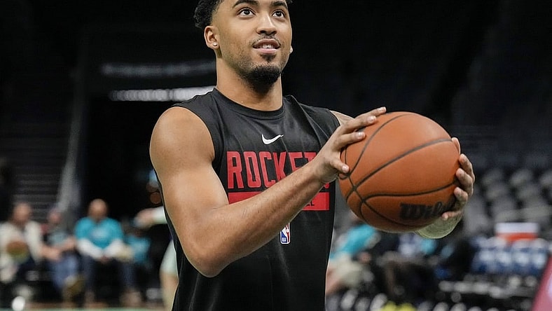 Apr 7, 2023; Charlotte, North Carolina, USA; Houston Rockets forward Kenyon Martin Jr. (6) shoots during pregame warm ups against the Charlotte Hornets at the Spectrum Center. Mandatory Credit: Jim Dedmon-USA TODAY Sports