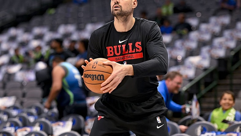 Apr 7, 2023; Dallas, Texas, USA; Chicago Bulls center Nikola Vucevic (9) warms up before the game against the Dallas Mavericks at the American Airlines Center. Mandatory Credit: Jerome Miron-USA TODAY Sports