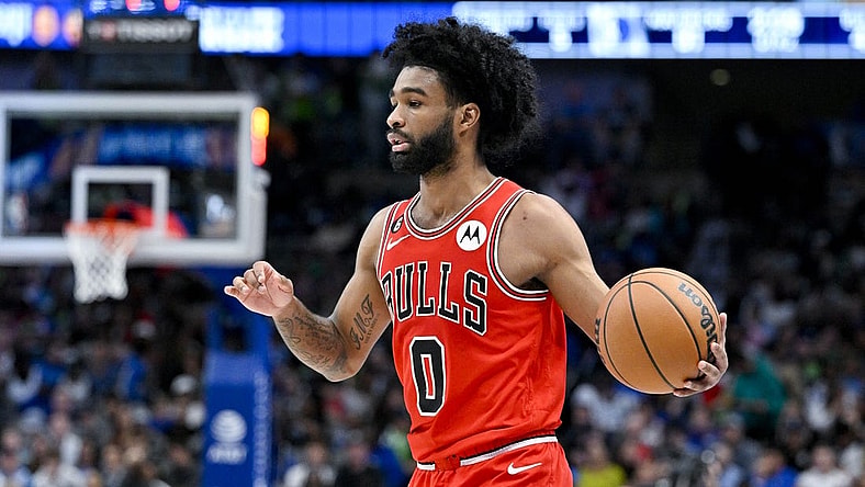 Apr 7, 2023; Dallas, Texas, USA; Chicago Bulls guard Coby White (0) brings the ball up court against the Dallas Mavericks during the first half at the American Airlines Center. Mandatory Credit: Jerome Miron-USA TODAY Sports