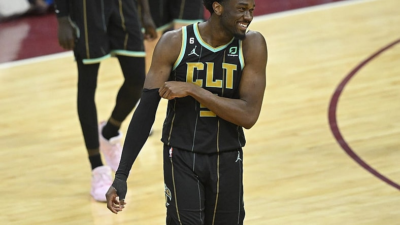 Apr 9, 2023; Cleveland, Ohio, USA; Charlotte Hornets center Mark Williams (5) smiles in the fourth quarter against the Cleveland Cavaliers at Rocket Mortgage FieldHouse. Mandatory Credit: David Richard-USA TODAY Sports