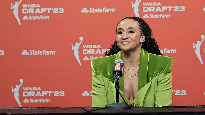 Apr 10, 2023; New York, NY, USA; Haley Jones speaks to the media after being drafted sixth overall by the Atlanta Dream during WNBA Draft 2023 at Spring Studio. Mandatory Credit: Vincent Carchietta-USA TODAY Sports