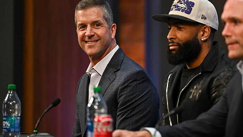 Apr 13, 2023; Owings Mills, MD, USA; Baltimore Ravens wide receiver Odell Beckham Jr. (M), head coach John Harbaugh (L), and executive vice president & general manager Eric DeCosta (R) speak to media at his introduction press conference at Under Armour Performance Center. Mandatory Credit: Reggie Hildred-USA TODAY Sports