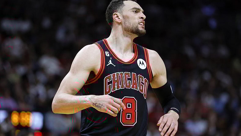 Apr 14, 2023; Miami, Florida, USA; Chicago Bulls guard Zach LaVine (8) reacts during the third quarter against the Miami Heat at Kaseya Center. Mandatory Credit: Sam Navarro-USA TODAY Sports