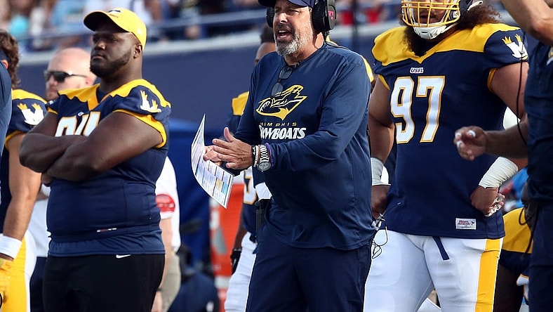 Apr 15, 2023; Memphis, TN, USA; Memphis Showboats head coach Todd Haley (middle) reacts during the second half against the Philadelphia Stars at Simmons Bank Liberty Stadium. Mandatory Credit: Petre Thomas-USA TODAY Sports