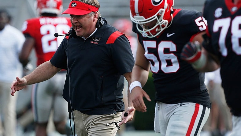 Georgia head coach Kirby Smart speaks with the black team during the UGA G-Day spring football game at Sanford Stadium in Athens on Saturday.

News Joshua L Jones