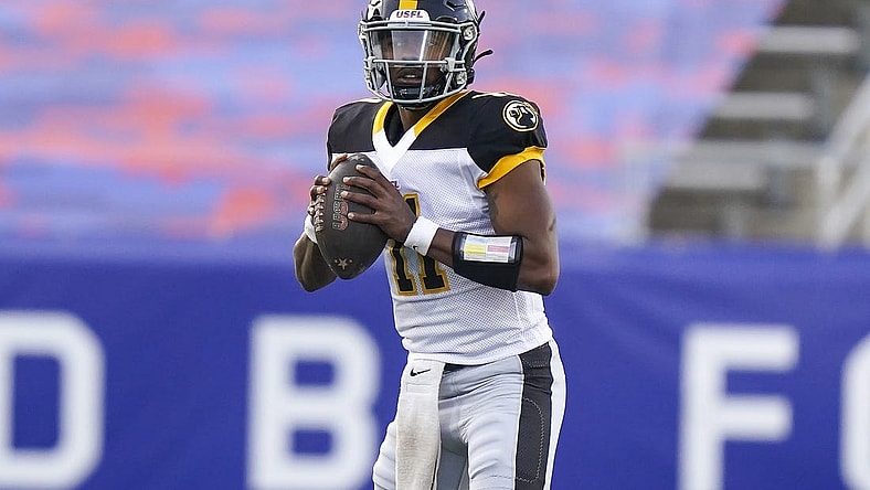 Apr 16, 2023; Birmingham, AL, USA; Pittsburgh Maulers quarterback Troy Williams (11) looks to pass against the Pittsburgh Maulers during the first half at Protective Stadium. Mandatory Credit: Marvin Gentry-USA TODAY Sports