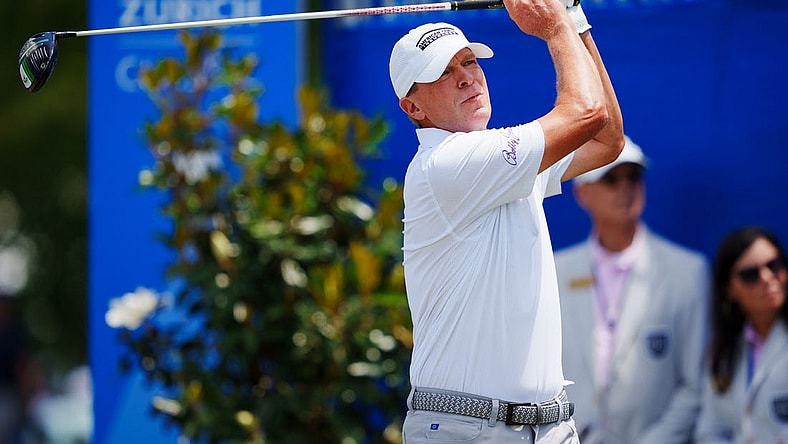 Apr 20, 2023; Avondale, Louisiana, USA; Steve Stricker hits a tee shot on the first hole during the first round of the Zurich Classic of New Orleans golf tournament. Mandatory Credit: Andrew Wevers-USA TODAY Sports