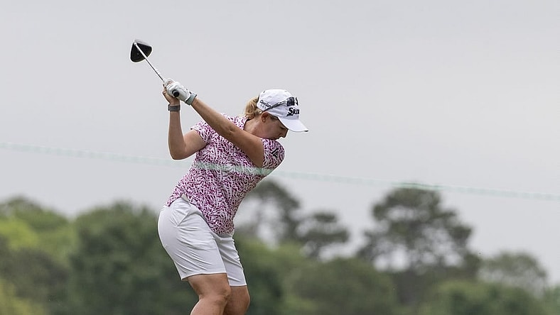 Apr 20, 2023; The Woodlands, Texas, USA; Ashleigh Buhai (ZAF) hits from the sixth tee during the first round of The Chevron Championship golf tournament. Mandatory Credit: Thomas Shea-USA TODAY Sports