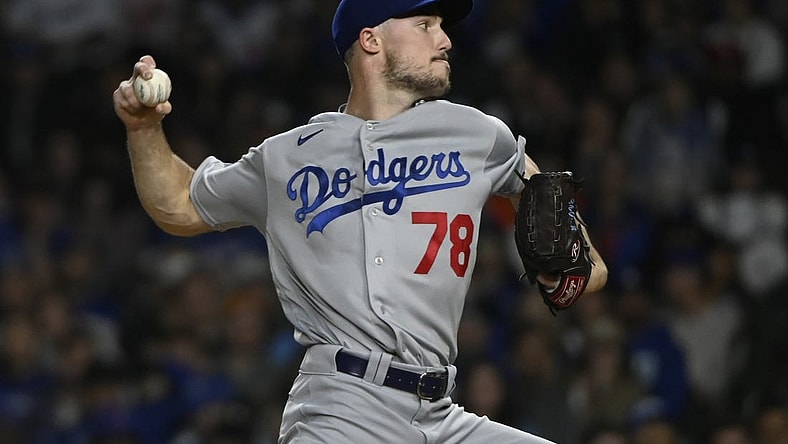 Apr 20, 2023; Chicago, Illinois, USA;   Los Angeles Dodgers starting pitcher Michael Grove (78) delivers against the Chicago Cubs during the first inning at Wrigley Field. Mandatory Credit: Matt Marton-USA TODAY Sports
