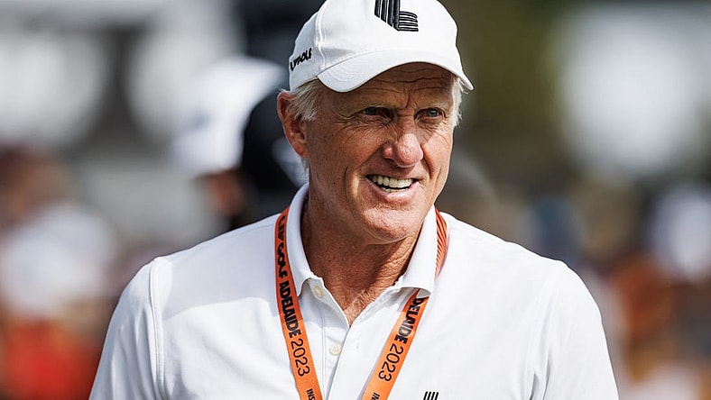 Apr 21, 2023; Adelaide, South Australia AUS; Greg Norman on the practice grounds before the first round of LIV Golf Adelaide golf tournament at Grange Golf Club. Mandatory Credit: Mike Frey-USA TODAY Sports