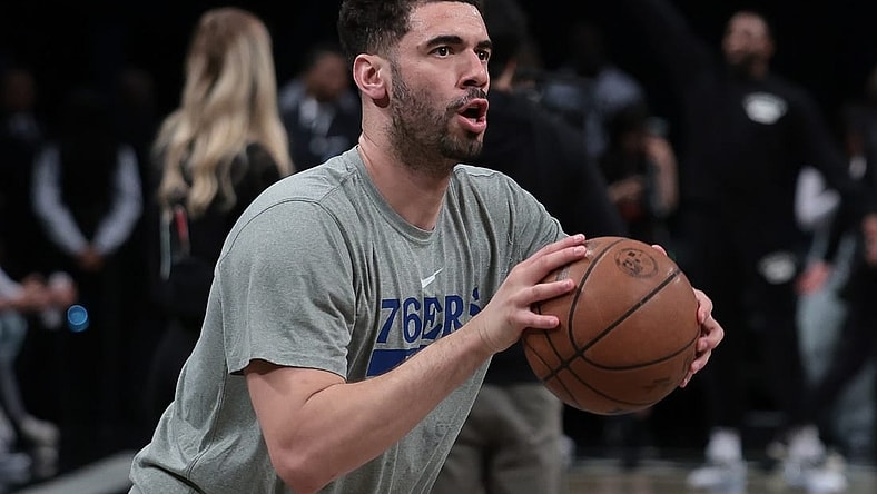 Apr 22, 2023; Brooklyn, New York, USA; Philadelphia 76ers forward Georges Niang (20) warms up before game four of the 2023 NBA playoffs against the Brooklyn Nets at Barclays Center. Mandatory Credit: Vincent Carchietta-USA TODAY Sports