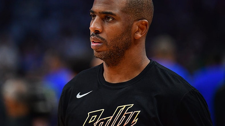 Apr 22, 2023; Los Angeles, California, USA; Phoenix Suns guard Chris Paul (3) before playing against the Los Angeles Clippers in game four of the 2023 NBA playoffs at Crypto.com Arena. Mandatory Credit: Gary A. Vasquez-USA TODAY Sports