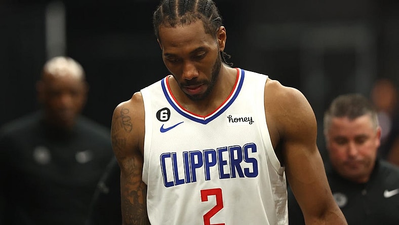 Apr 18, 2023; Phoenix, Arizona, USA; Los Angeles Clippers forward Kawhi Leonard (2) reacts following the game against the Phoenix Suns during game two of the 2023 NBA playoffs at Footprint Center. Mandatory Credit: Mark J. Rebilas-USA TODAY Sports