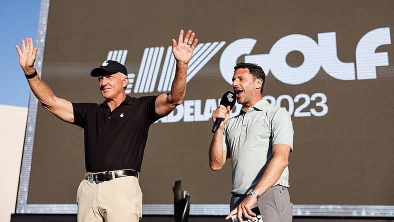 Apr 23, 2023; Adelaide, South Australia, AUS; Greg Norman addresses the crowd before the trophy presentation following the final round of LIV Golf Adelaide golf tournament at Grange Golf Club. Mandatory Credit: Mike Frey-USA TODAY Sports