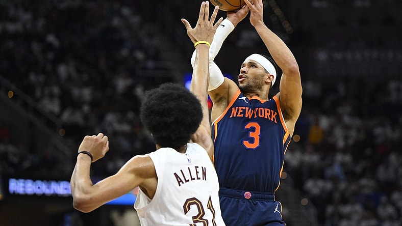 Apr 26, 2023; Cleveland, Ohio, USA; New York Knicks guard Josh Hart (3) shoots beside Cleveland Cavaliers center Jarrett Allen (31) in the third quarter during game five of the 2023 NBA playoffs at Rocket Mortgage FieldHouse. Mandatory Credit: David Richard-USA TODAY Sports