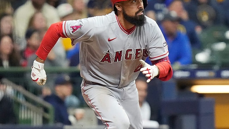 Angels third baseman Anthony Rendon (6) hits a single to center during the fourth inning of the game against the Brewers on Friday April 28, 2023 at American Family Field in Milwaukee, Wis.