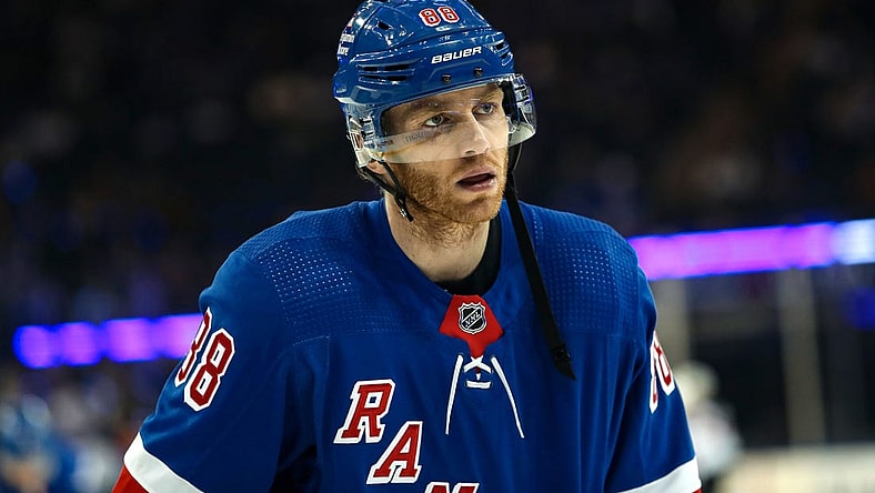Apr 29, 2023; New York, New York, USA; New York Rangers right wing Patrick Kane (88) warms up before the first period against the New Jersey Devils in game six of the first round of the 2023 Stanley Cup Playoffs at Madison Square Garden. Mandatory Credit: Danny Wild-USA TODAY Sports