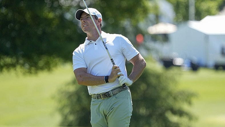 May 4, 2023; Charlotte, North Carolina, USA; Rory McIlroy watches his shot from the third fairway during the first round of the Wells Fargo Championship golf tournament. Mandatory Credit: Jim Dedmon-USA TODAY Sports