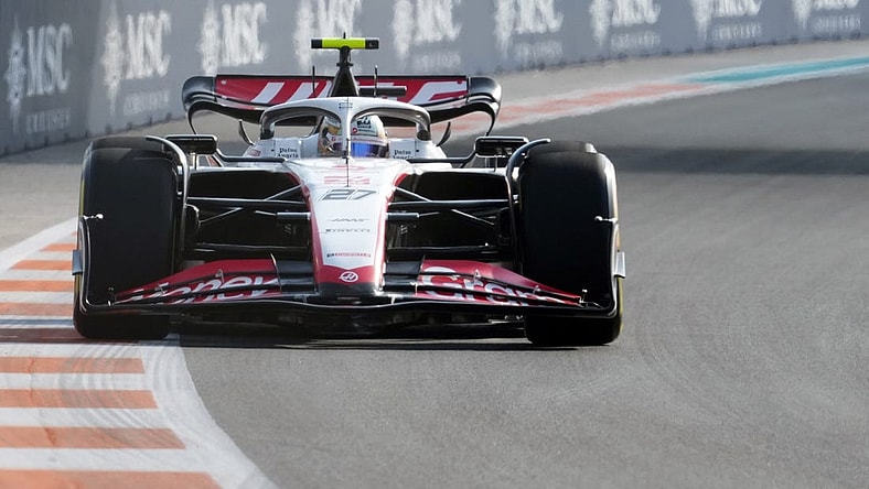 May 5, 2023; Miami Gardens, Florida, USA;  Haas driver Nico Hulkenberg (27) of Germany races into turn 11 during the second practice at Miami International Autodrome. Mandatory Credit: Jasen Vinlove-USA TODAY Sports