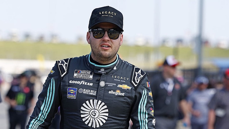 May 6, 2023; Kansas City, Kansas, USA; NASCAR Cup Series driver Noah Gragson (42) during Cup Practice and Qualifying at Kansas Speedway. Mandatory Credit: Mike Dinovo-USA TODAY Sports