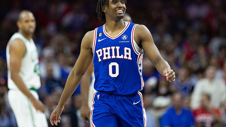 May 11, 2023; Philadelphia, Pennsylvania, USA; Philadelphia 76ers guard Tyrese Maxey (0) smiles after a play against the Boston Celtics during the fourth quarter in game six of the 2023 NBA playoffs at Wells Fargo Center. Mandatory Credit: Bill Streicher-USA TODAY Sports