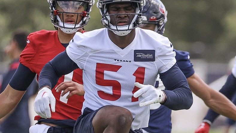 May 12, 2023; Houston, TX, USA; Houston Texans linebacker Will Anderson Jr. (51) stretches with other rookies during rookie camp at the Methodist practice facility. Mandatory Credit: Thomas Shea-USA TODAY Sports