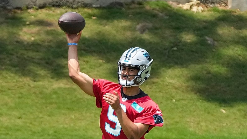 May 12, 2023; Charlotte, NC, USA; Carolina Panthers quarterback Bryce Young (9) throws during the Carolina Panthers rookie camp at the Atrium Practice Facility in Charlotte, NC.Mandatory Credit: Jim Dedmon-USA TODAY Sports