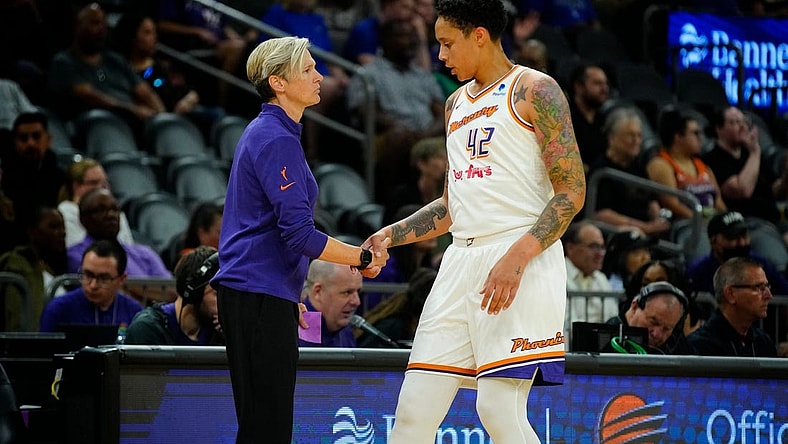May 12, 2023; Phoenix, Ariz.; USA; Mercury center Brittney Griner (42) high-fives head coach Vanessa Nygaard during a game at the Footprint Center. Mandatory Credit: Patrick Breen-USA TODAY NETWORK