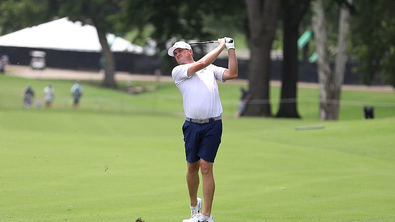 May 14, 2023; Tulsa, Oklahoma, USA; Jason Kokrak hits from the fairway during the final round of a LIV Golf event at Cedar Ridge Country Club. Mandatory Credit: Joey Johnson-USA TODAY Sports