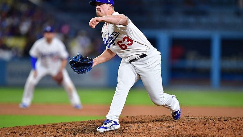 May 16, 2023; Los Angeles, California, USA; Los Angeles Dodgers relief pitcher Justin Bruihl (63) throws against the Minnesota Twins during the eighth inning at Dodger Stadium. Mandatory Credit: Gary A. Vasquez-USA TODAY Sports