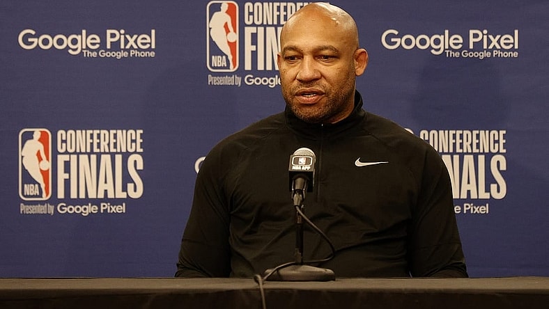 May 18, 2023; Denver, Colorado, USA; Los Angeles Lakers head coach Darvin Ham speaks in a press conference before game two against the Denver Nuggets in the Western Conference Finals for the 2023 NBA playoffs at Ball Arena. Mandatory Credit: Isaiah J. Downing-USA TODAY Sports