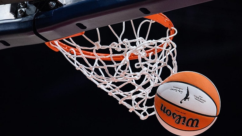 May 19, 2023; Indianapolis, Indiana, USA; a view of the ball in the second half of the game between the Indiana Fever and the Connecticut Sun at Gainbridge Fieldhouse. Mandatory Credit: Trevor Ruszkowski-USA TODAY Sports
