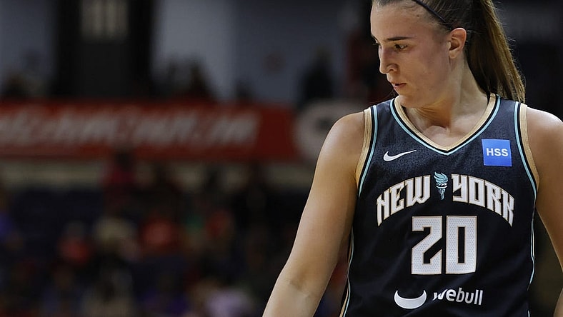 May 19, 2023; Washington, District of Columbia, USA; New York Liberty guard Sabrina Ionescu (20) stands on the court against the Washington Mystics at Entertainment & Sports Arena. Mandatory Credit: Geoff Burke-USA TODAY Sports