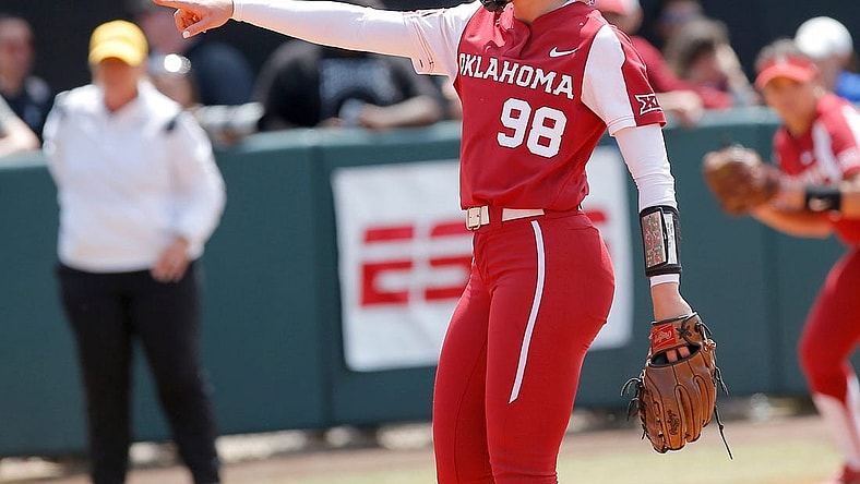 Oklahoma's Jordy Bahl (98) reacts after a strikeout during a college softball game between the University of Oklahoma Sooners and the Hofstra Pride at Norman Regional of NCAA softball tournament at Marita Hynes Field in Norman, Okla., Saturday, May, 20, 2023.