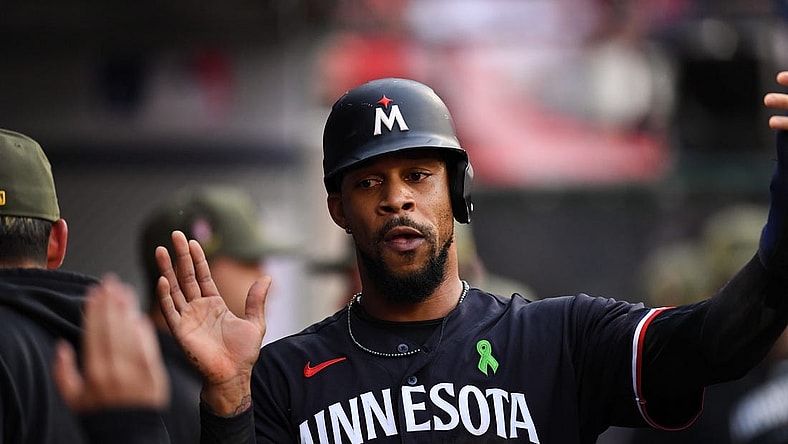 May 20, 2023; Anaheim, California, USA; Minnesota Twins designated hitter Byron Buxton (25) celebrating with teammates in the dugout against Los Angeles Angels during the first inning at Angel Stadium. Mandatory Credit: Jonathan Hui-USA TODAY Sports