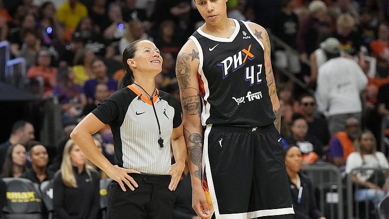 May 21, 2023; Phoenix, Arizona, USA; Phoenix Mercury center Brittney Griner (42) talks to WNBA official Sha'Rae Mitchell in the second half against the Chicago Sky at Footprint Center. Mandatory Credit: Rick Scuteri-USA TODAY Sports