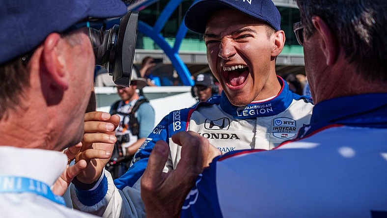 May 21, 2023; Indianapolis, Indiana, USA; Chip Ganassi Racing driver Alex Palou (10) reacts after earning the pole position Sunday, May 21, 2023, after Firestone Fast Six qualifying at Indianapolis Motor Speedway in preparation for the 107th running of the Indianapolis 500. Mandatory Credit: Mykal McEldowney-USA TODAY Sports